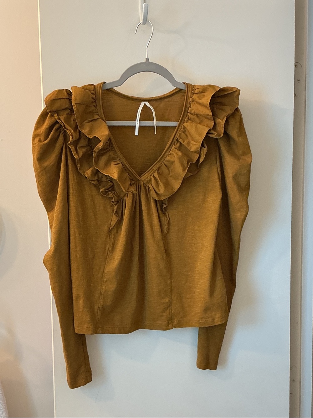 Anthropologie Mustard Ruffle V-Neck Long Sleeve Blouse